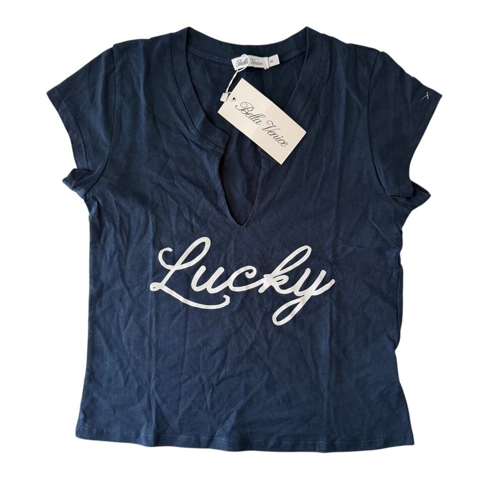 Bella Venice LUCKY V Neck Tee Shirt Top New With Tags Women's Small Navy Blue